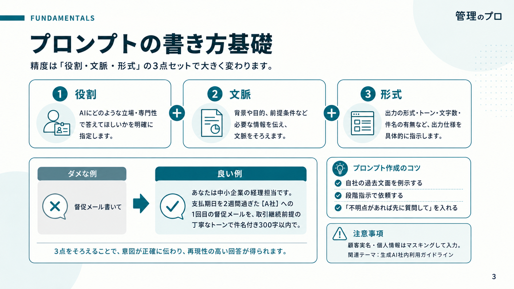 バックオフィスで本当に使えるAIプロンプト厳選4本と指示の型の解説スライド