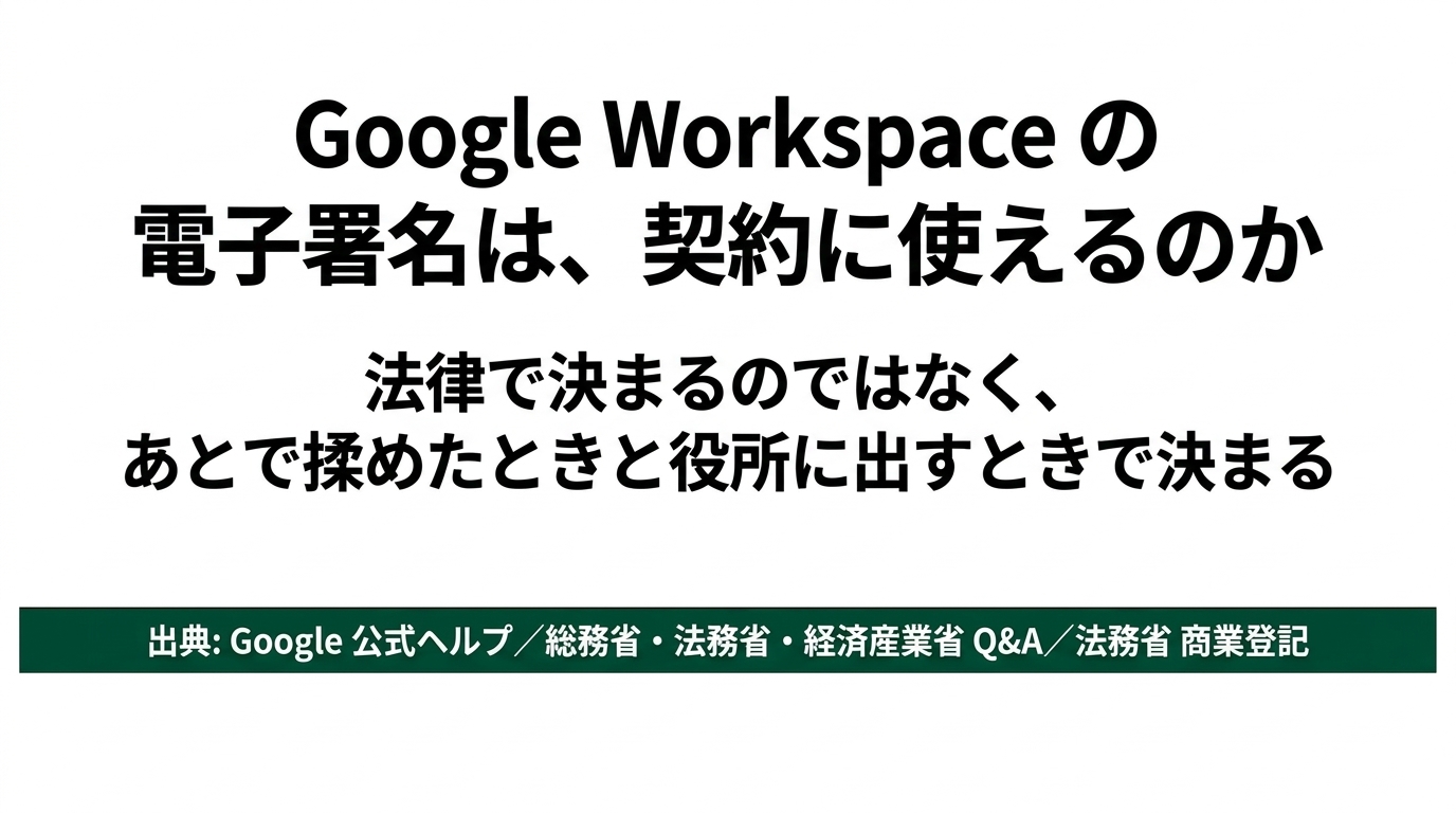 Google Workspaceの電子署名は契約に使えるか|揉めたときの証明と登記の壁