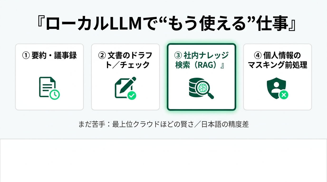 バックオフィスで「ローカルLLM」は何ができるか ― 主要モデル比較と導入手順の解説スライド