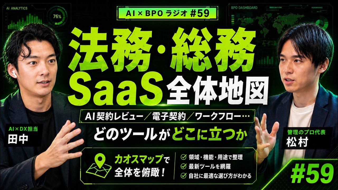法務・総務SaaS全体地図|AI契約レビュー/電子契約/ワークフロー…どのツールがどこに立つか【AI×BPOラジオ #59】