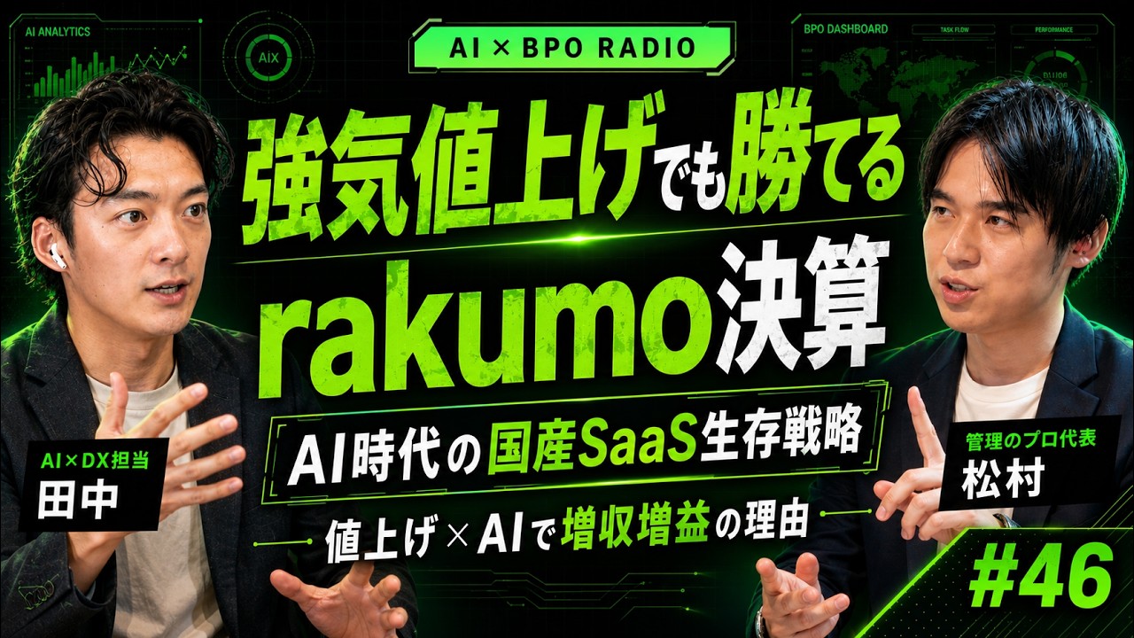 【驚異の継続率99%】値上げしても解約率0.89%|rakumoはなぜAI時代に増収増益なのか【AI×BPOラジオ #46】