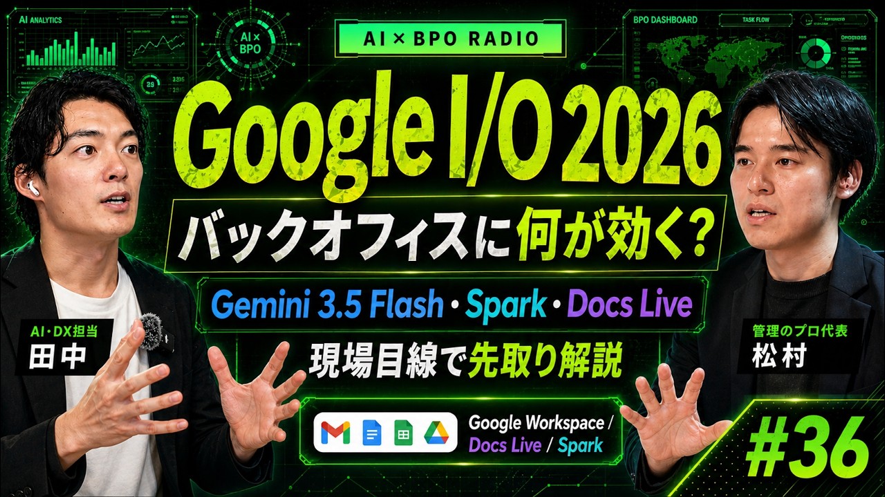 【ビジネスで使える】Google I/O 2026 目玉を解説|Gemini 3.5 Flash・Spark・Docs Live はバックオフィスをどう変えるか【AI×BPOラジオ #36】